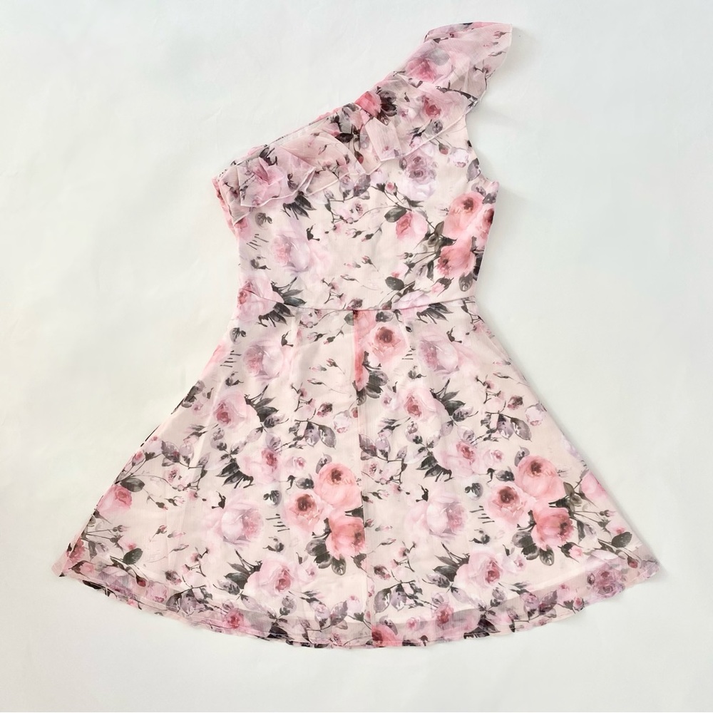 NWOT Pink Floral One Shoulder Ruffle Trim High Waist Flared Mini Dress XS - Picture 4 of 15